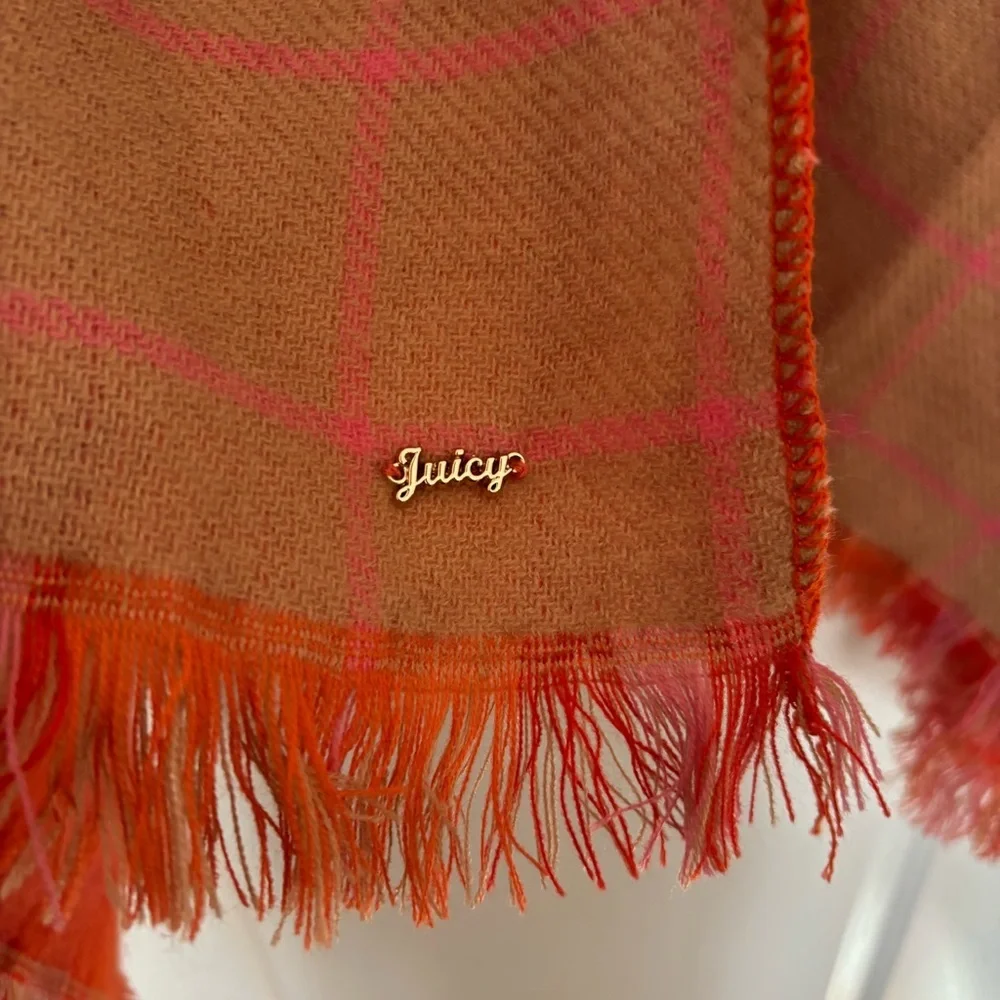 Juicy Couture reversible poncho with fringe pink orange plaid and tan pink plaid
